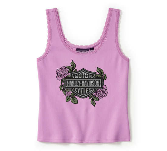 Original Harley-Davidson® Damen-Tank mit Rosen- und Dornen-Bling-Spitzenbesatz – Orchidee 96454-25VW