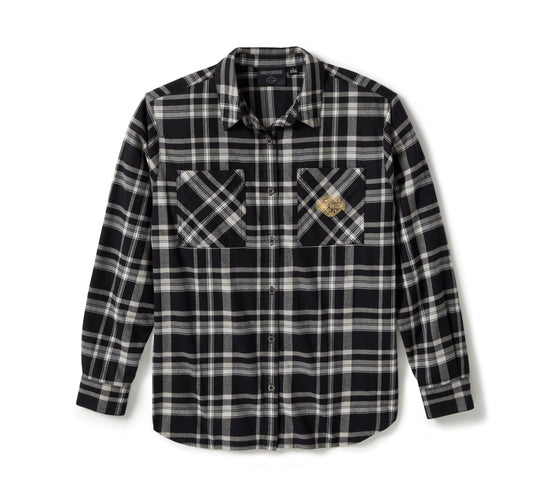 Original Harley-Davidson® Damen-Langarmshirt mit aufgenähten Patches – Karomuster – Harley Schwarz & Ghost Gray 96556-25VW