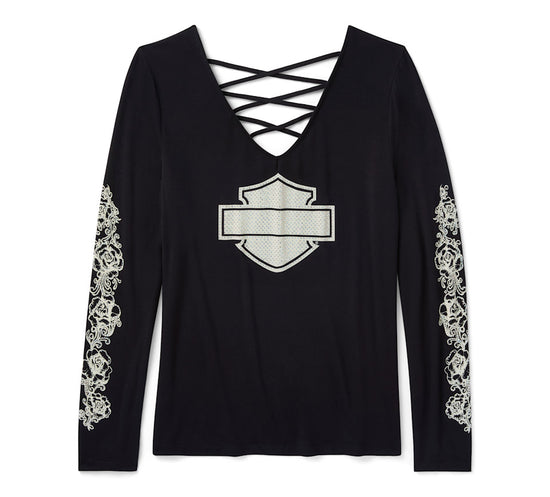 Harley Davidson 96644-25VW SCHWARZES Damen-Langarmshirt mit Strass- und Rosenmuster, Schnürung und V-Ausschnitt – Harley Schwarz