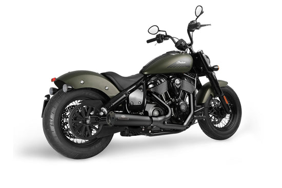 Dr. Jekill & Mr. Hyde Chief Twenty-One Wrinkle Black Exhaust Indian Cruiser 2025–2026 EP-252902 — J&H's render of the Chief Twenty-One system on an Indian Chief Bobber