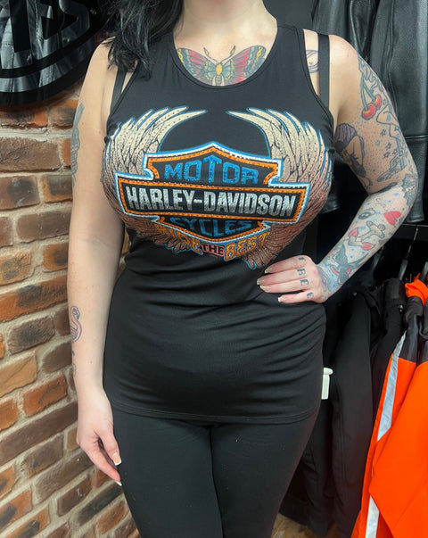 Harley Davidson „Ride The Best“ Glitzerweste für Damen, schwarz, mit Rundhalsausschnitt, HT4900BLK