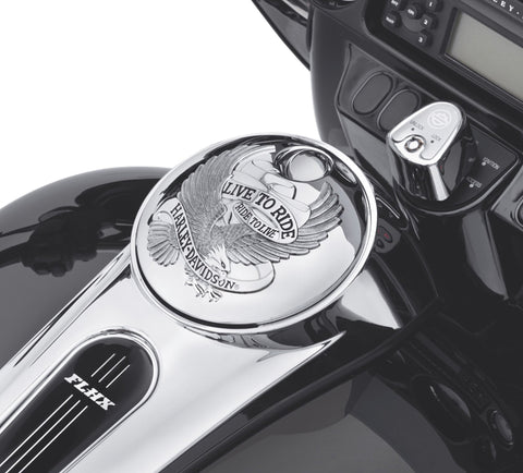 Harley Davidson 61300049A Live To Ride Kraftstofftank-Konsolentür-Kit-Abdeckung, Tankdeckel, LTR, Chrom