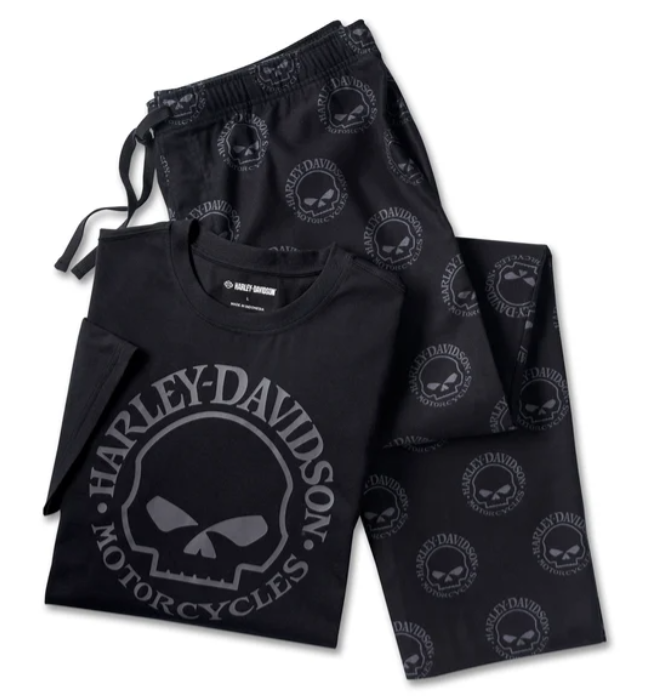 Original Harley-Davidson Herren-Pyjama-Set mit Willie G Totenkopf-Motiv und kurzen Ärmeln, Artikelnummer 96116-25VM 