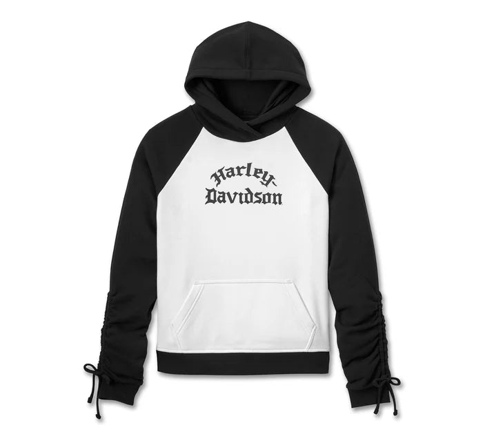 Original Harley-Davidson® Damen-Raglan-Hoodie „Wild Cat Bar &amp; Shield“ – Colorblock – Cloud Dancer &amp; Harley Schwarz 96158-25VW