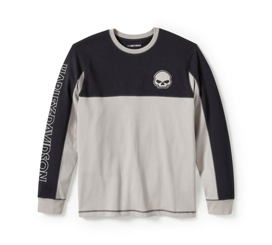 Original Harley-Davidson® Herren-Langarmshirt mit Willie G Skull Colorblock-Design – Colorblock – Harley Schwarz &amp; Ghost Grey 96372-25VM