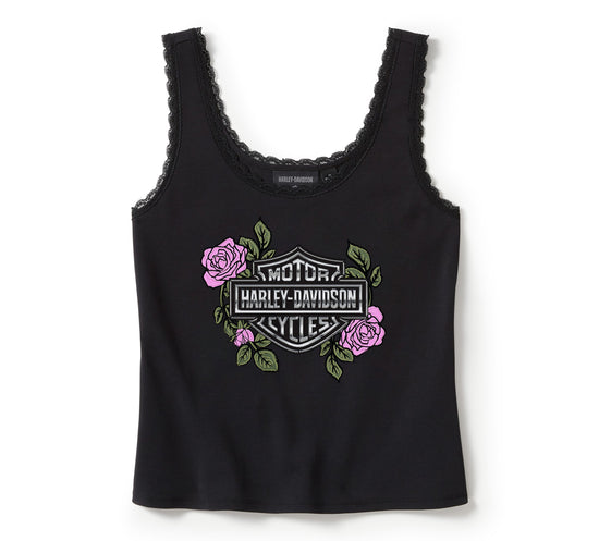Original Harley-Davidson® Damen-Tank mit Rosen- und Dornenmuster und Strass-Spitzenbesatz – Harley Schwarz 96453-25VW