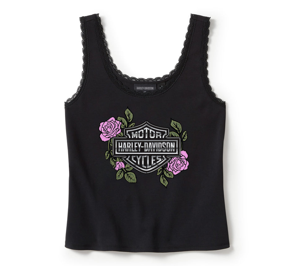 Original Harley-Davidson® Damen-Tank mit Rosen- und Dornenmuster und Strass-Spitzenbesatz – Harley Schwarz 96453-25VW