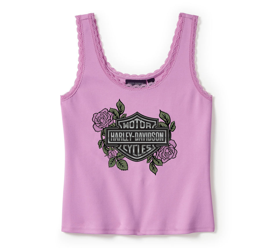 Original Harley-Davidson® Damen-Tank mit Rosen- und Dornen-Bling-Spitzenbesatz – Orchidee 96454-25VW
