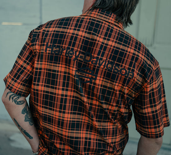 Harley Davidson 96513-25VM Herren HD® TECH Coolmax® Kariertes Kurzarmhemd Schwarz Orange 96513-25VM
