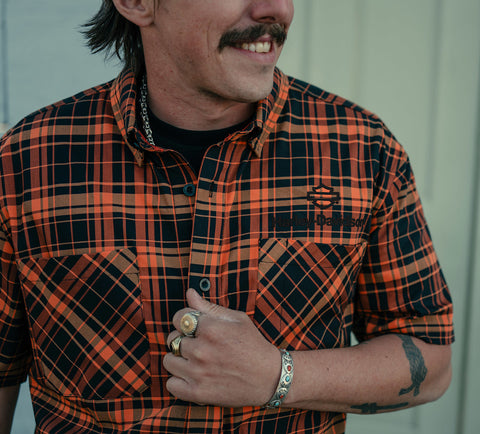 Harley Davidson 96513-25VM Men's H-D® TECH Coolmax® Plaid Short Sleeve Shirt Black Orange 96513-25VM