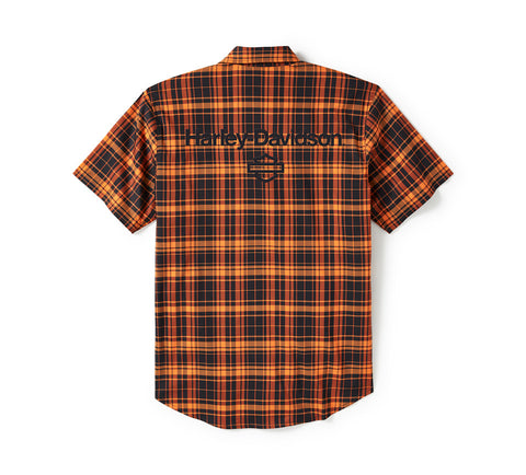 Harley Davidson 96513-25VM Men's H-D® TECH Coolmax® Plaid Short Sleeve Shirt Black Orange 96513-25VM