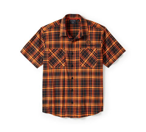 Harley Davidson 96513-25VM Men's H-D® TECH Coolmax® Plaid Short Sleeve Shirt Black Orange 96513-25VM