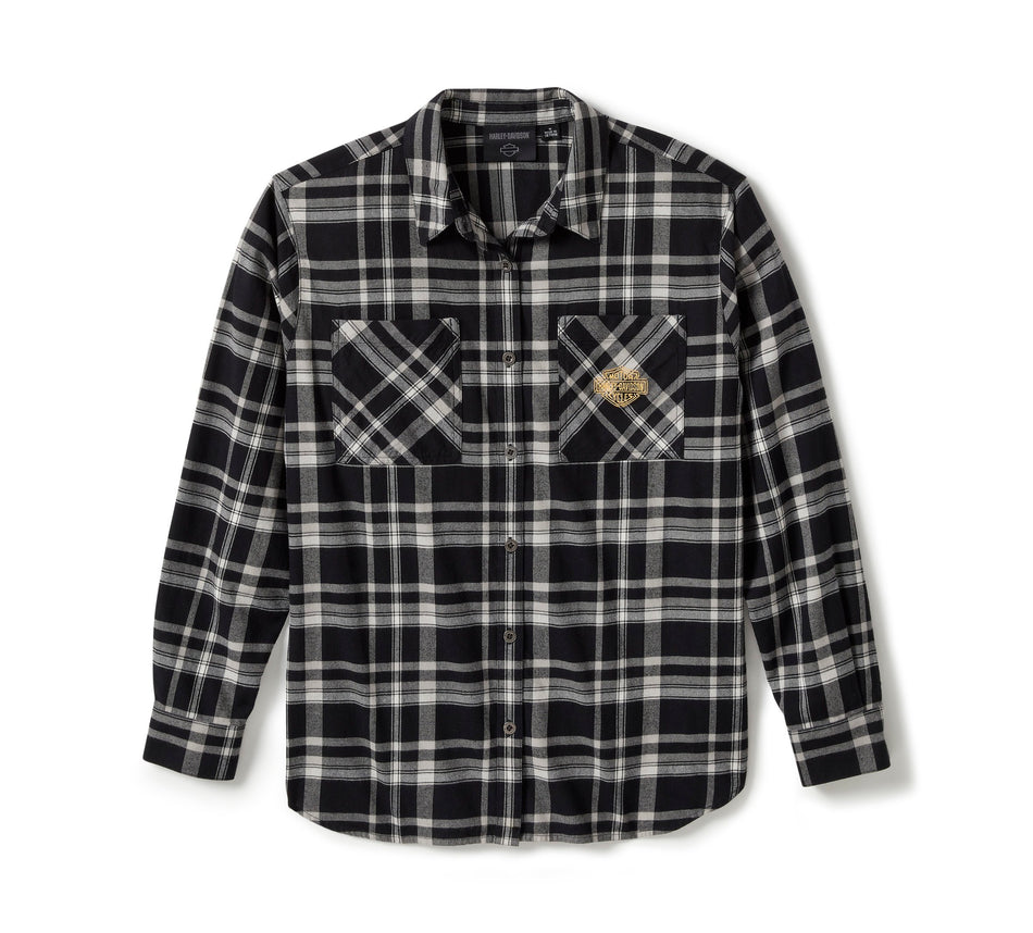 Original Harley-Davidson® Damen-Langarmshirt mit aufgenähten Patches – Karomuster – Harley Schwarz &amp; Ghost Gray 96556-25VW