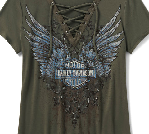 Harley Davidson 96632-25VW Damen-T-Shirt GRÜN - Glitzernder „Dark Angel“ mit Schnürung vorne