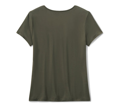 Harley Davidson 96632-25VW Damen-T-Shirt GRÜN - Glitzernder „Dark Angel“ mit Schnürung vorne