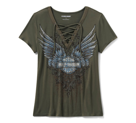 Harley Davidson 96632-25VW Damen-T-Shirt GRÜN - Glitzernder „Dark Angel“ mit Schnürung vorne