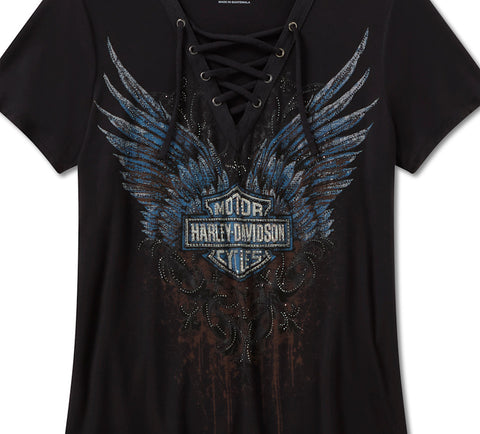 Harley Davidson 96633-25VW Damen-T-Shirt mit Strasssteinen, dunkelblau, mit Schnürung vorne – SCHWARZ