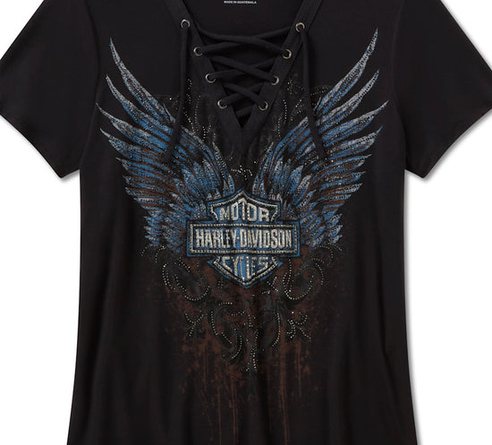 Harley Davidson 96633-25VW Damen-T-Shirt mit Strasssteinen, dunkelblau, mit Schnürung vorne – SCHWARZ