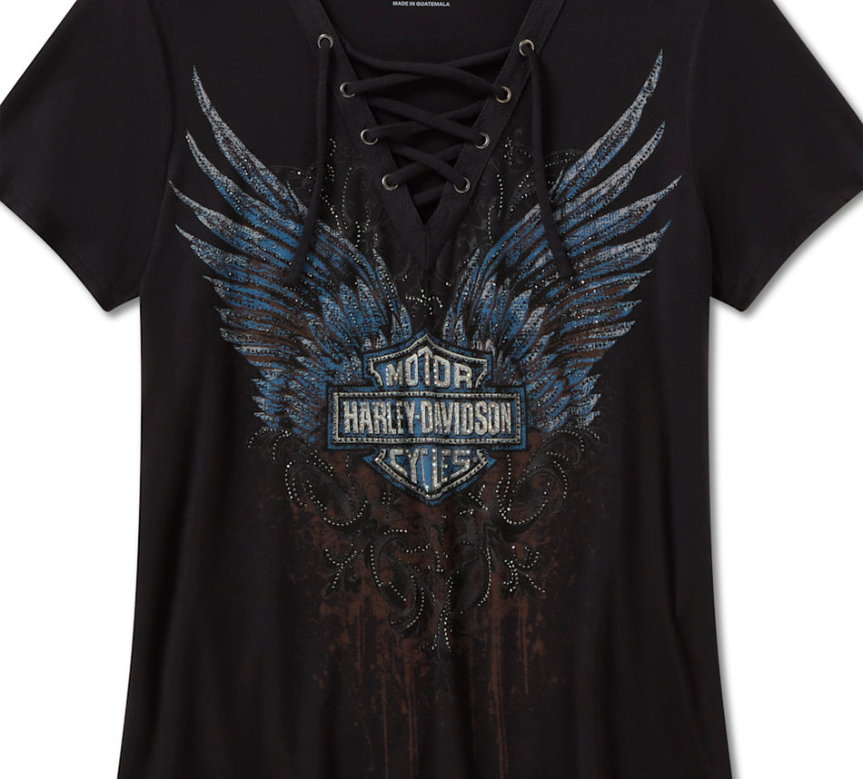 Harley Davidson 96633-25VW Damen-T-Shirt mit Strasssteinen, dunkelblau, mit Schnürung vorne – SCHWARZ