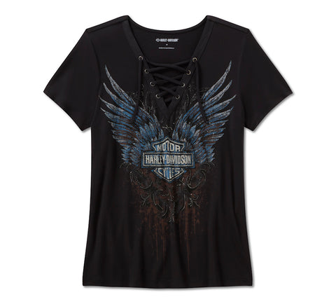 Harley Davidson 96633-25VW Damen-T-Shirt mit Strasssteinen, dunkelblau, mit Schnürung vorne – SCHWARZ