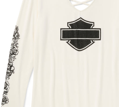 Harley Davidson 96643-25VW Damen-Langarmshirt mit Schnürung und V-Ausschnitt in Creme/Weiß mit Glitzer-Chrom- und Rosenmuster.