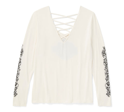 Harley Davidson 96643-25VW Damen-Langarmshirt mit Schnürung und V-Ausschnitt in Creme/Weiß mit Glitzer-Chrom- und Rosenmuster.