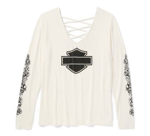 Harley Davidson 96643-25VW Damen-Langarmshirt mit Schnürung und V-Ausschnitt in Creme/Weiß mit Glitzer-Chrom- und Rosenmuster.