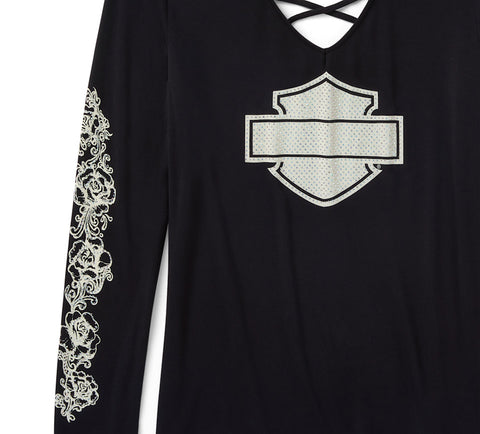 Harley Davidson 96644-25VW SCHWARZES Damen-Langarmshirt mit Strass- und Rosenmuster, Schnürung und V-Ausschnitt – Harley Schwarz