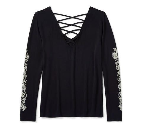 Harley Davidson 96644-25VW SCHWARZES Damen-Langarmshirt mit Strass- und Rosenmuster, Schnürung und V-Ausschnitt – Harley Schwarz
