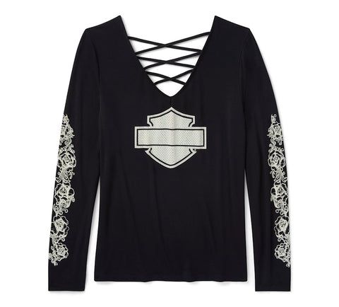 Harley Davidson 96644-25VW SCHWARZES Damen-Langarmshirt mit Strass- und Rosenmuster, Schnürung und V-Ausschnitt – Harley Schwarz