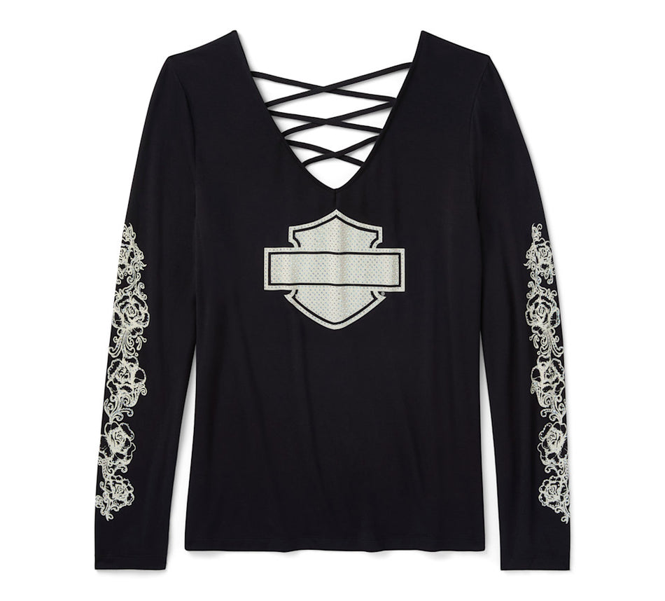 Harley Davidson 96644-25VW SCHWARZES Damen-Langarmshirt mit Strass- und Rosenmuster, Schnürung und V-Ausschnitt – Harley Schwarz